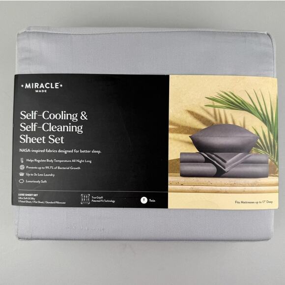 Miracle Made Luxe Sheet Set TWIN Silver GRAY Self-Cooling Self-Cleaning Sateen - Picture 1 of 5